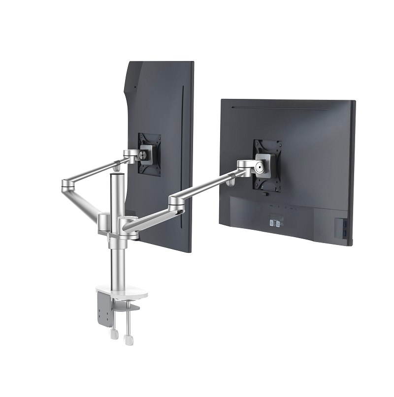silver dual monitor arm with black monitor